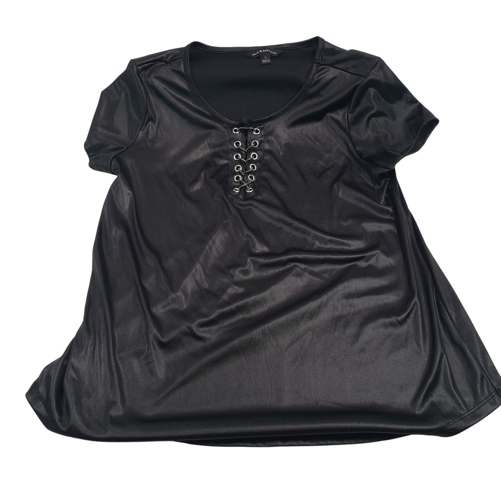 Rock & Republic Womens Lace Up Chain Front Top M Black Liquid Faux Leather